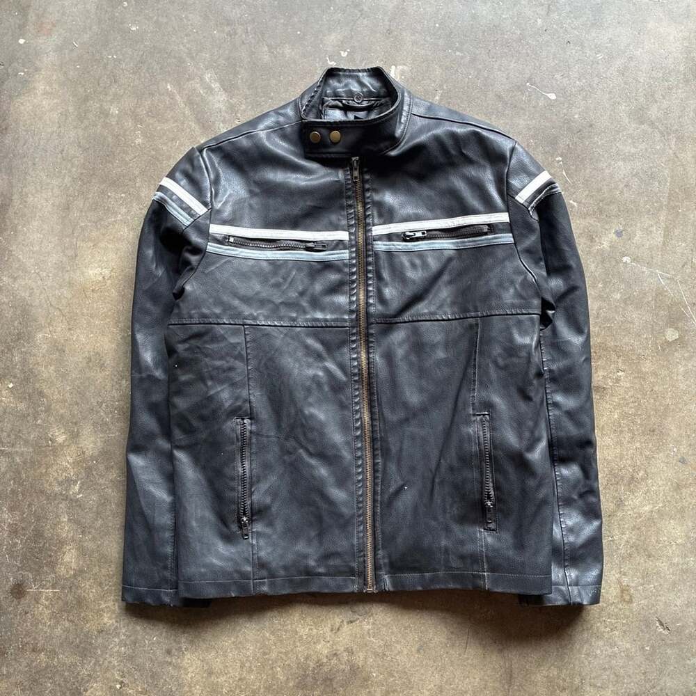 Y2K Carbon Faux Leather Moto Jacket Size M Black Racing Stripes